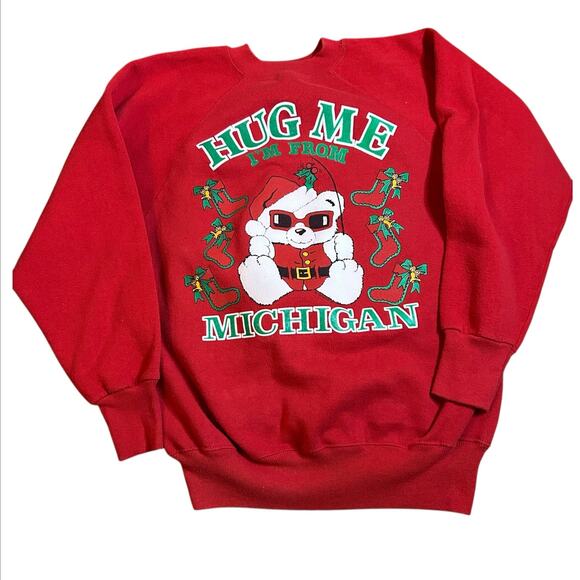Vintage 80s Sweatshirt Size Large Hug Me I'm From Michigan Lounge Christmas Bear - Picture 1 of 4